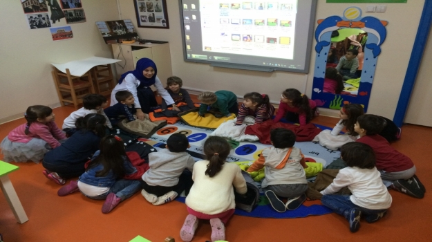 Güneşli Okyanus Koleji Okul Öncesi Gezegenler  Grubu Mont Giyme Oyunu Oynuyor.