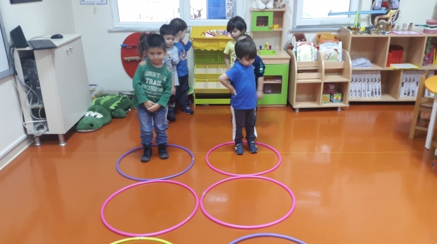 Güneşli Okyanus Koleji Okul Öncesi Çiçekler Grubu Çemberden Zıplama Oyunu Oynuyor