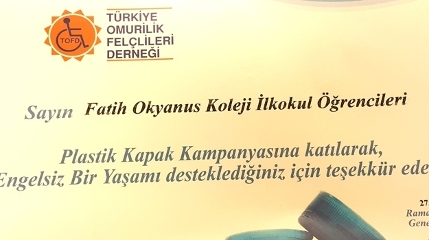 Fatih Okyanus Koleji İlkokul Kademesi Plastik Kapak Bağışı Yaptı