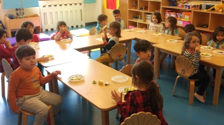İncek Okyanus Okul Öncesi Çiçekler Grubu Bilingual Dersinde Getirdikleri Tropikal Meyveleri İncelediler.